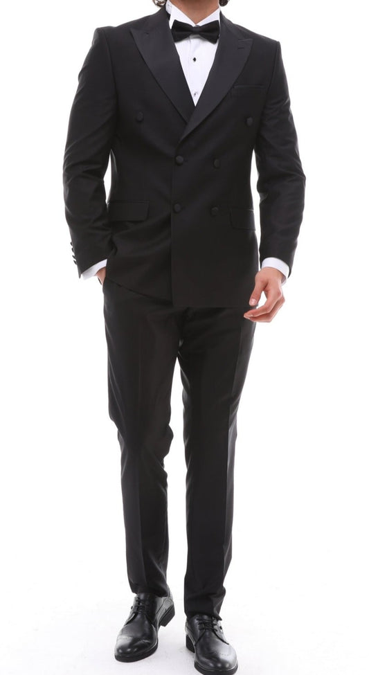 Men's ANTIQUE Black Double-Breasted Tuxedo - Black Satin Details Suit
