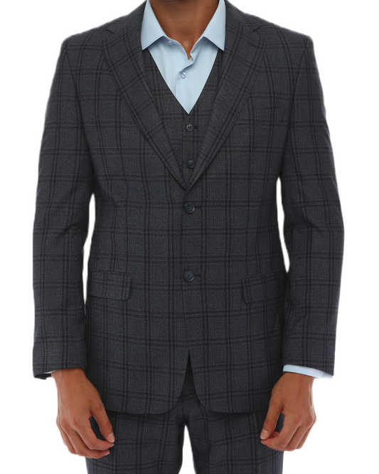 ISAAC SAVCI - Blue & Charcoal Plaid Three Piece Suit