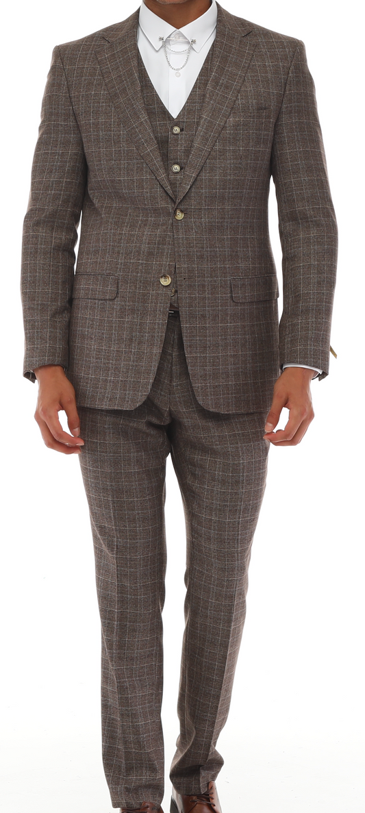 ISAAC BROWNS - Brown & White Plaid Three Piece Suit