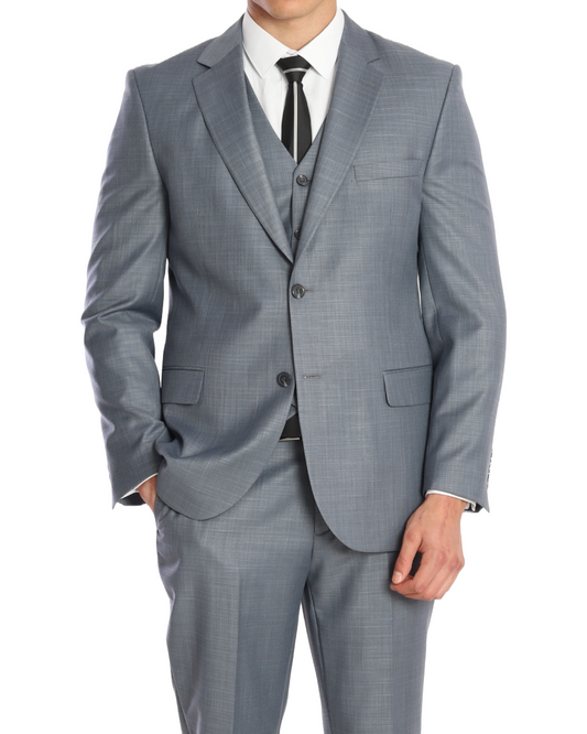 A Bluish Grey three piece suit with a plain design, consisting of a waistcoat, trousers, and a jacket with a notch lapel.