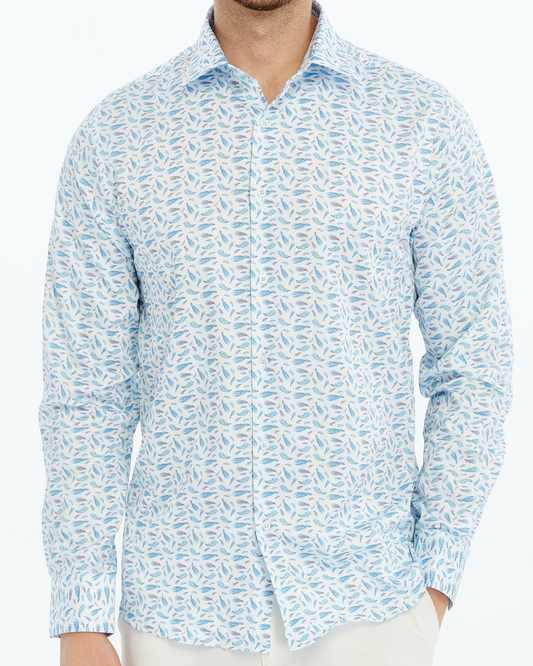light blue patterned print shirt for men on a white background