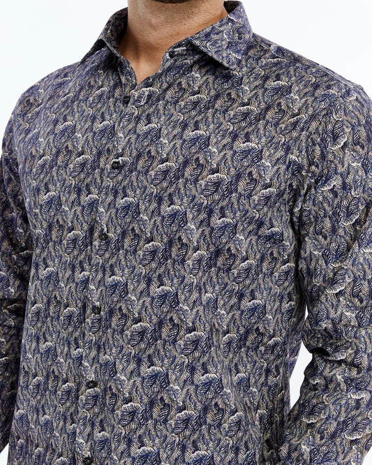 ICONIC LIBERT Floral I – Men’s Brown & Blue Leaf Print Cotton Shirt
