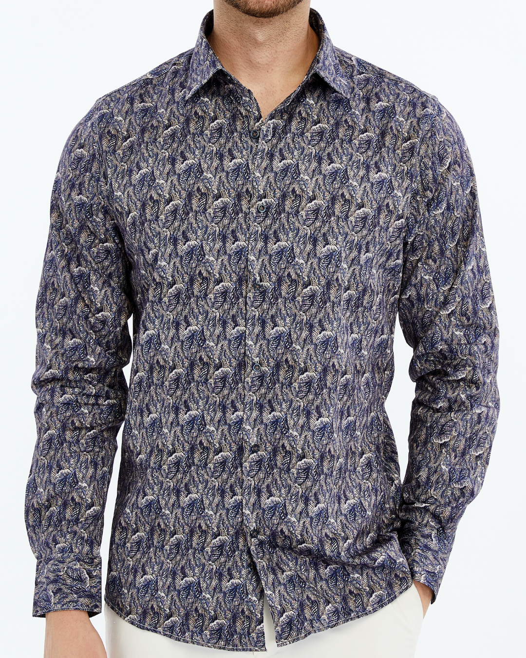 ICONIC LIBERT Floral I – Men’s Brown & Blue Leaf Print Cotton Shirt