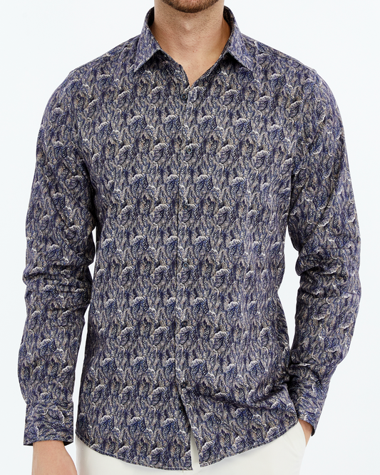 ICONIC LIBERT Floral I – Men’s Brown & Blue Leaf Print Cotton Shirt