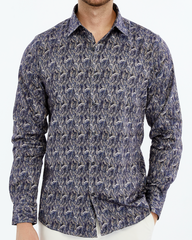 ICONIC LIBERT Floral I – Men’s Brown & Blue Leaf Print Cotton Shirt