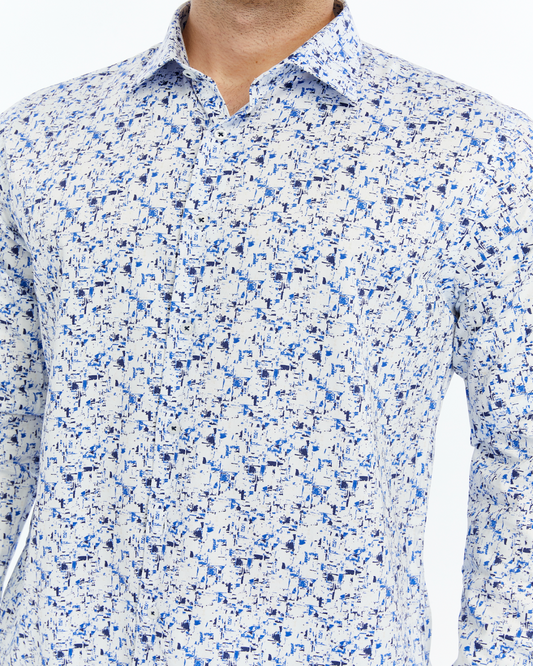 ICONIC LIBERTY Artiste – Men's Blue Geometric Print Cotton Shirt