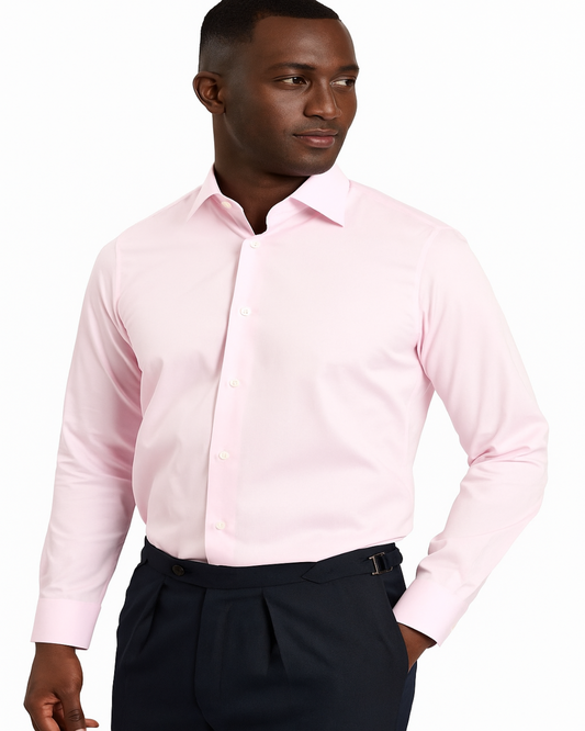 Get pink dress shirt and black pants by ECCA LONDON
