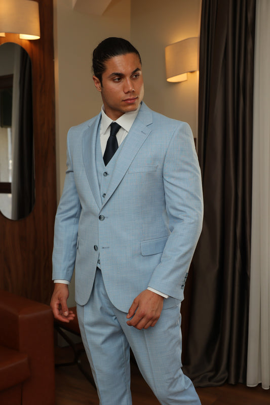Men's Baby-Blue Texture Three-Piece Suit
