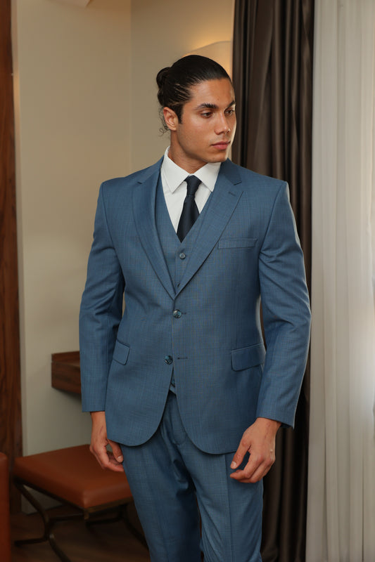 Aqua-Blue Texture Three-Piece Suit by ECCA LONDON
