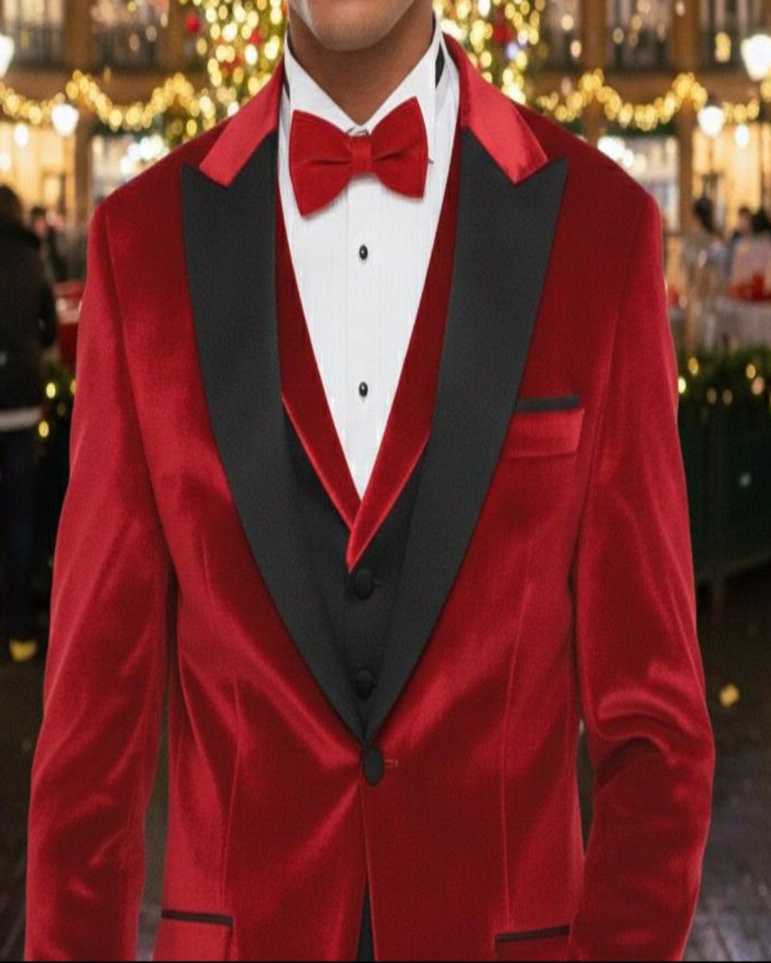 red bow tie standing in a festive street with fireworks and lights.