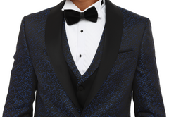 BLUER EYE - Blue & Black Satin Jacquard Four Piece Dinner & Wedding Suit