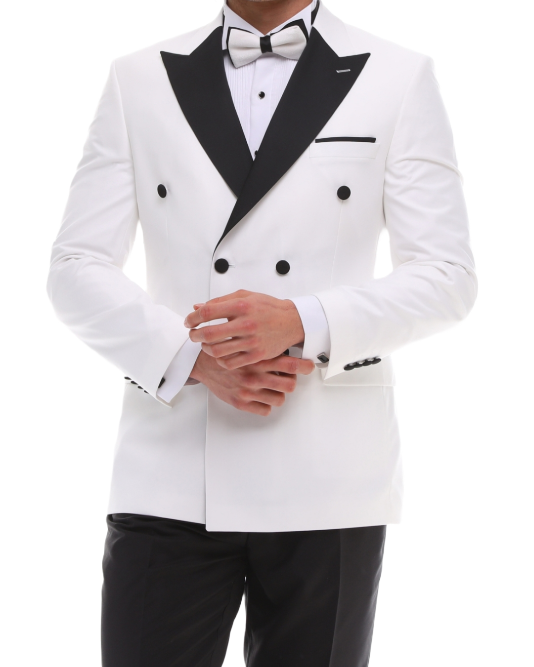 ANTIQUE PURE DOUBLE BREASTED - White & Black Satin Three Piece Tuxedo