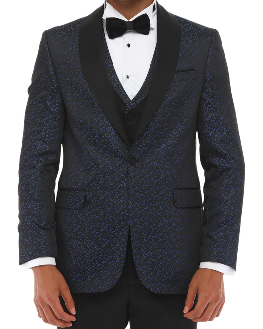 BLUER EYE - Blue & Black Satin Jacquard Four Piece Dinner & Wedding Suit