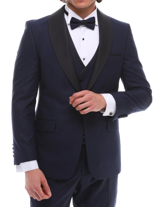 Men's ANTIQUE Navy 4 Piece Suit- Navy Satin Details Shawl Lapel Tuxedo