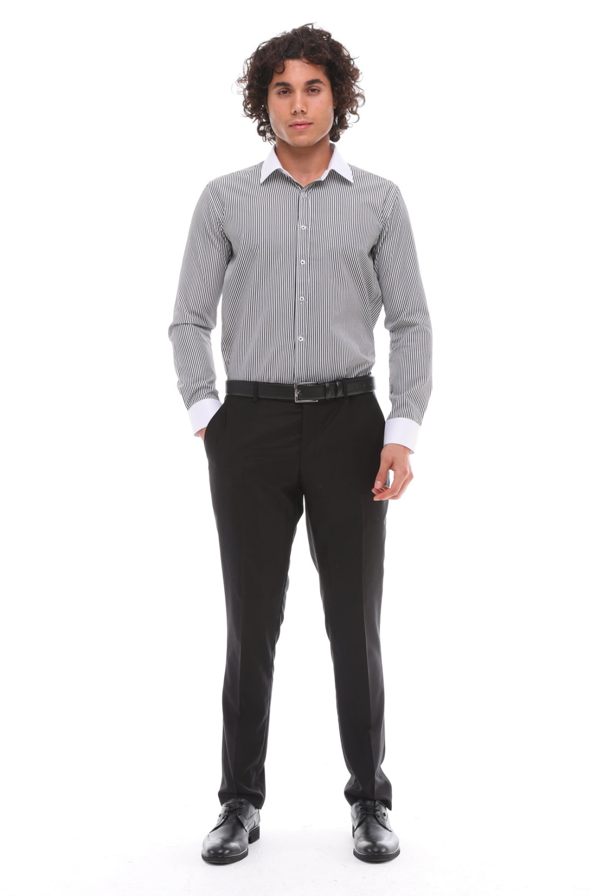 Plain Black Front Trousers with Stripe Shirt Set  - High Quality Viscose Fabric Pants : You get always what they say: The higher the rise, the closer to style contemporary fashion London design by ECCA LIMITED EDITION