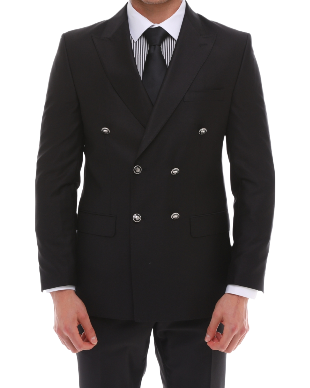 ICONIC BLACK DOUBLE - Black Double Breasted With Black Crested Buttons Suit