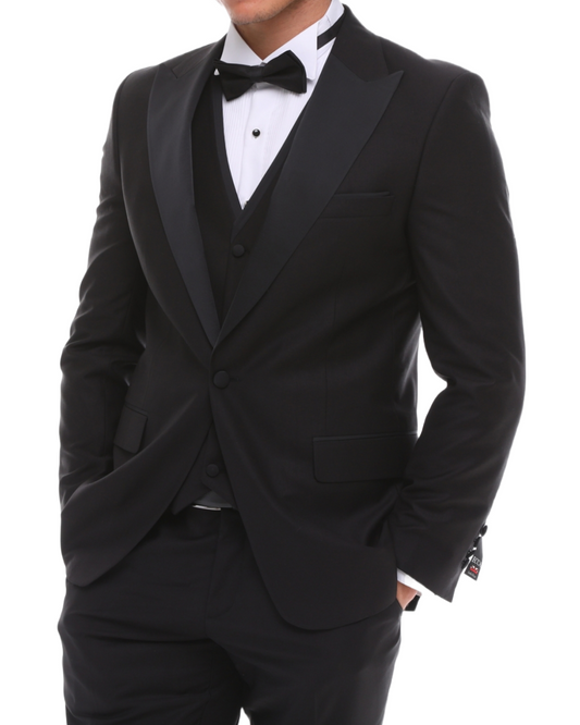 ANTIQUE BLACK PEAK LAPEL - Black Satin Four Piece Tuxedo