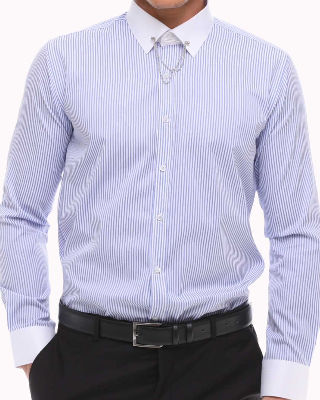 ICONIC PINNED LILAC STRIPE - Lilac Stripe with White Pinned Collar Shirt