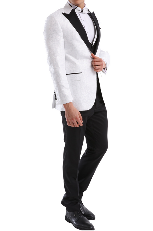 WHITE MASTER - White & Black Floral Jacquard Four Piece Dinner & Wedding Suit