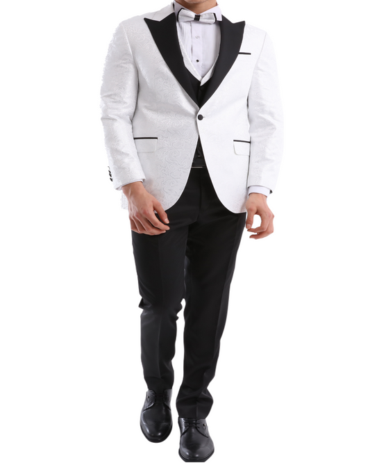 WHITE MASTER - White & Black Floral Jacquard Four Piece Dinner & Wedding Suit