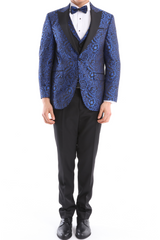 ELEGANCE NAVY TUXEDO  - Men's Navy Satin Barcode Fabric 4 Piece Dinner & Wedding Suit