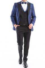 ELEGANCE NAVY TUXEDO  - Men's Navy Satin Barcode Fabric 4 Piece Dinner & Wedding Suit