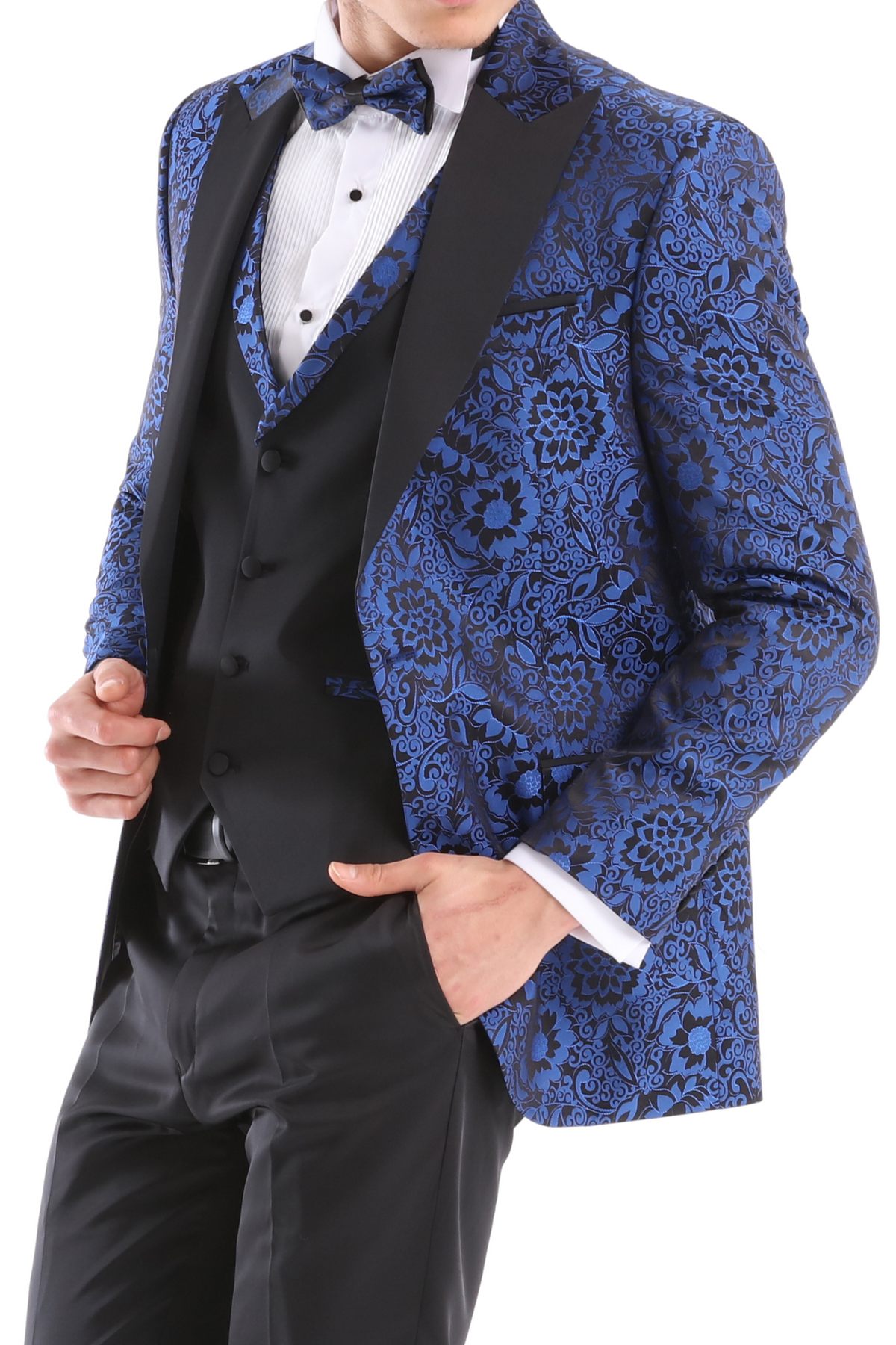 ELEGANCE NAVY TUXEDO  - Men's Navy Satin Barcode Fabric 4 Piece Dinner & Wedding Suit