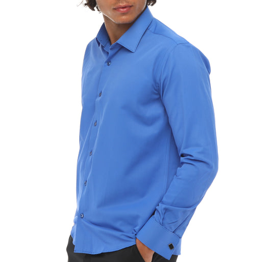 Dark Blue Double Cuff Shirt With Studs