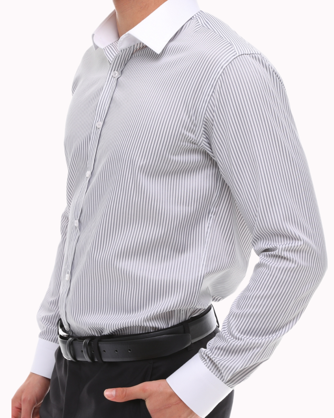 Grau-weiß gestreiftes Hemd mit weißem Kragen - Einfaches Bügeln gestreiftes graues Hemd