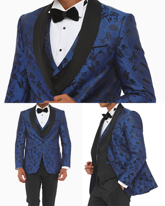 CHARLES’ CROWN - Blue Barcode with Black Jacquard Four Piece Dinner & Wedding Suit