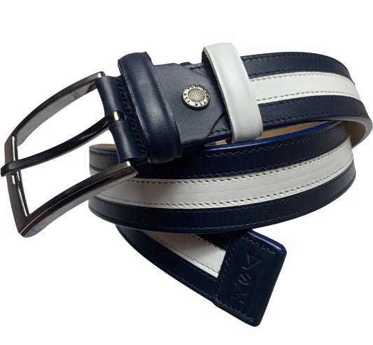 Navy & White Genuine Leather Handmade Belt - A Designer Limited Edition Production