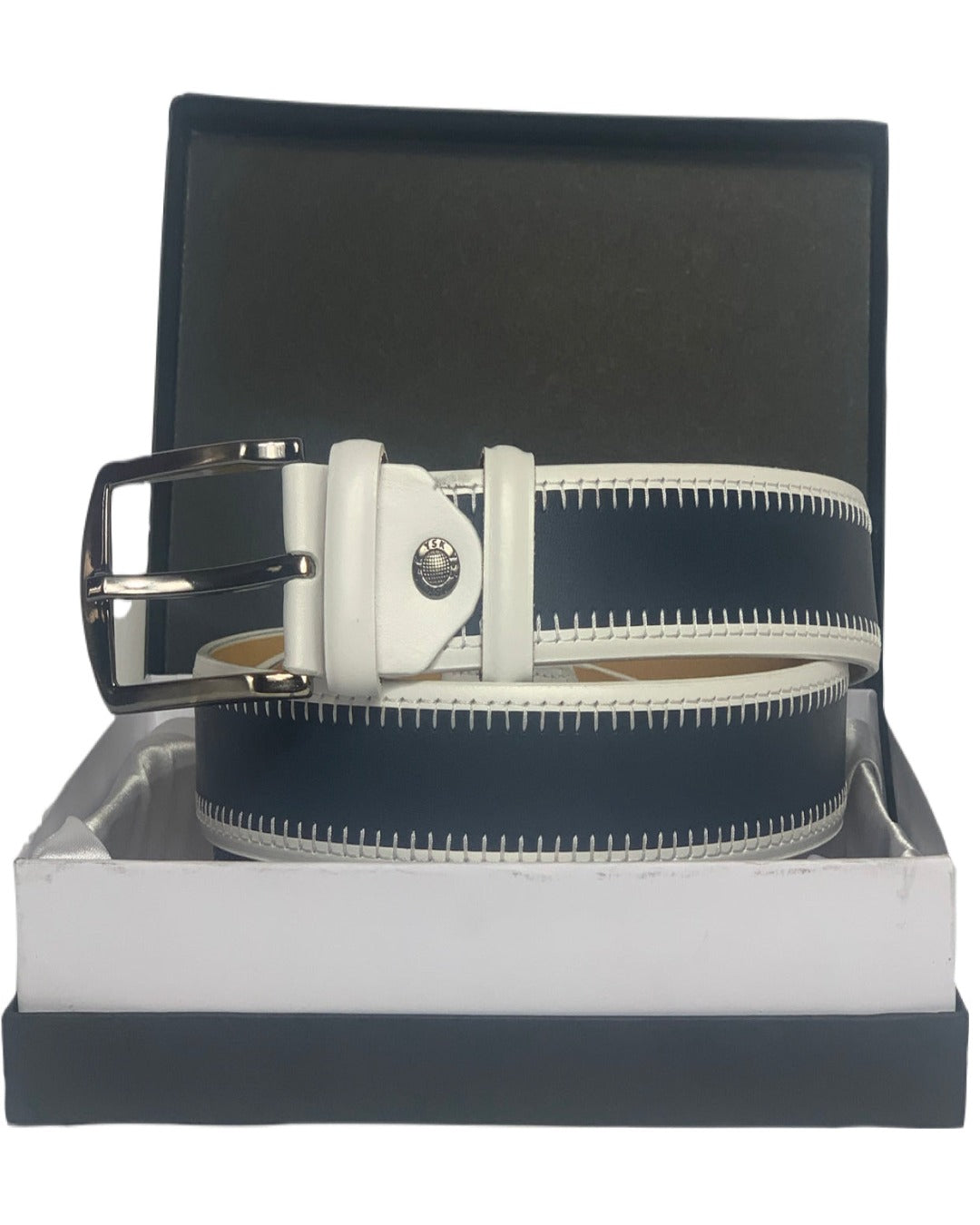 White & Navy Genuine Leather Handmade Belt