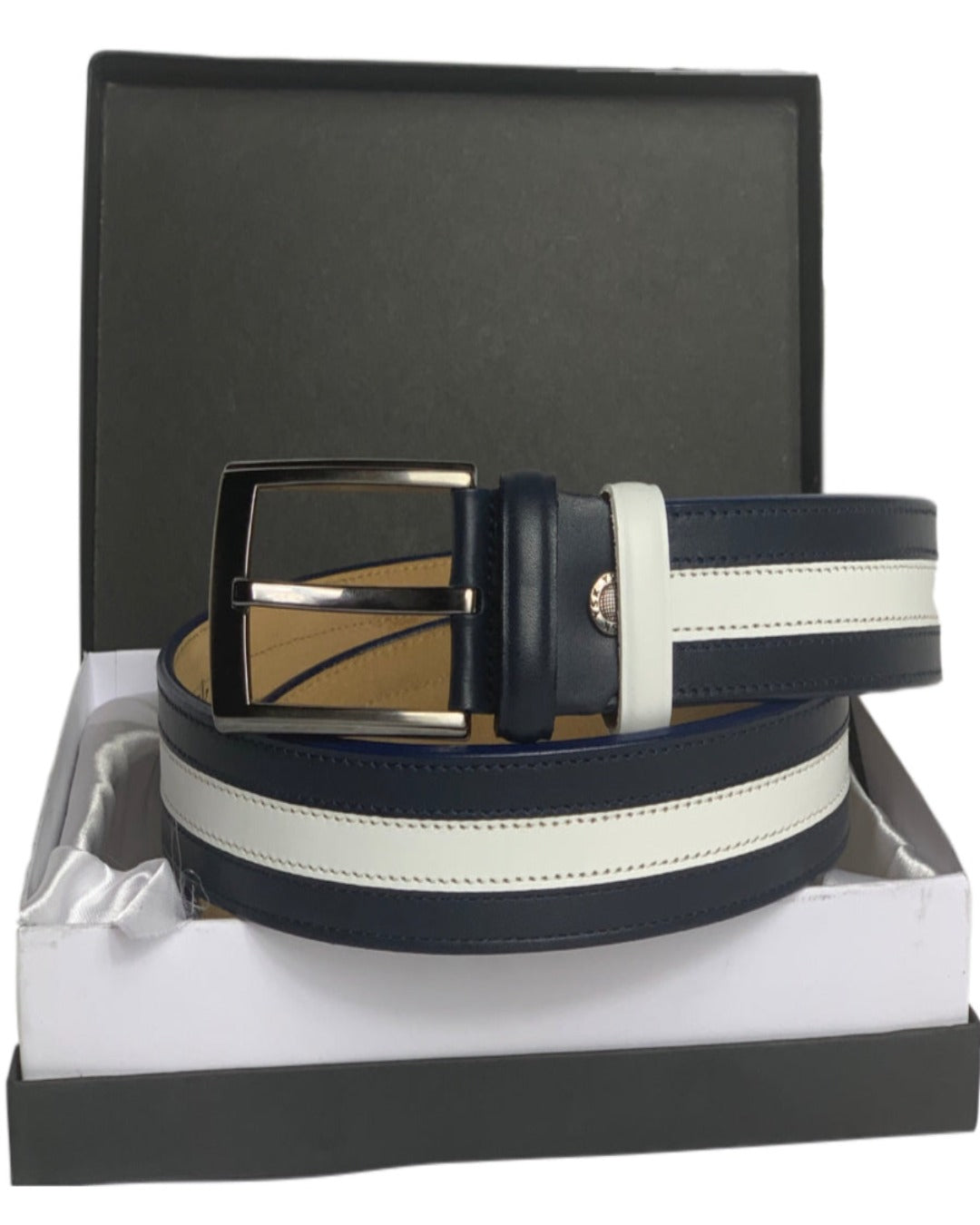 Navy & White Genuine Leather Handmade Belt - A Designer Limited Edition Production