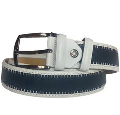 Men's White & Navy Genuine Leather Handmade Belt