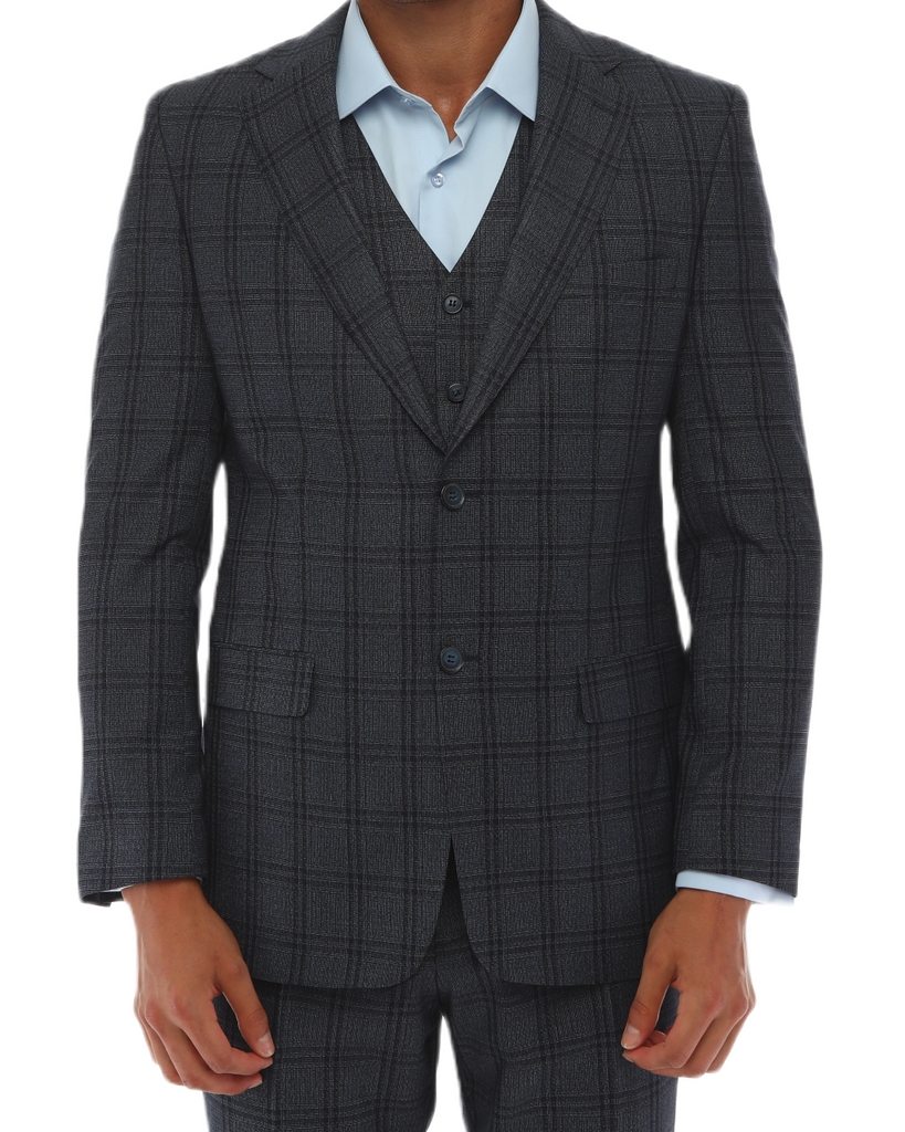 ISAAC SAVCI - Blue & Charcoal Plaid Three Piece Suit – ecanyon