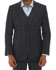 ISAAC SAVCI - Blue & Charcoal Plaid Three Piece Suit