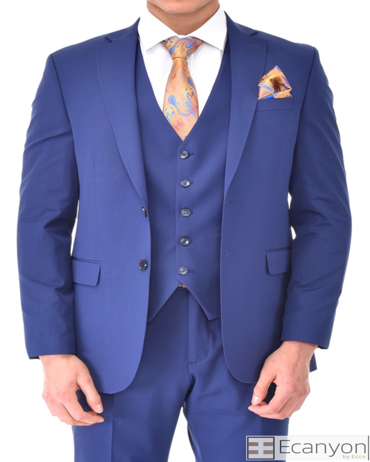 Royal Blue Plain Three Piece Suit, A timeless a plain royal blue three piece suits that can be styled up for special events or styled down for the office. The matching quality a plain royal blue waistcoat and trousers are paired with a plain royal blue suit jacket. You’ll love the patterned lining panels on this suit, especially the one in the jacket’s breast pocket which doubles up as a pocket square. Master Tailored Fit 3 Piece Suit