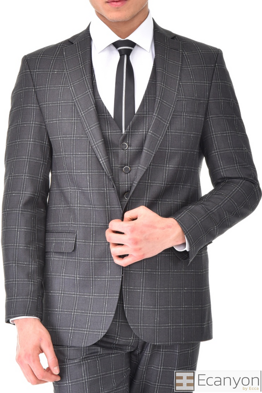 Black Plaid Grey Three Piece Suit, A timeless a black matched design suit that can be styled up for special events or styled down for the office. The matching quality a black plaid grey matched design waistcoat and trousers are paired with a black plaid grey matched design  jacket. You’ll love the patterned lining panels on this suit, especially the one in the jacket’s breast pocket which doubles up as a pocket square. Master Tailor fit Suits