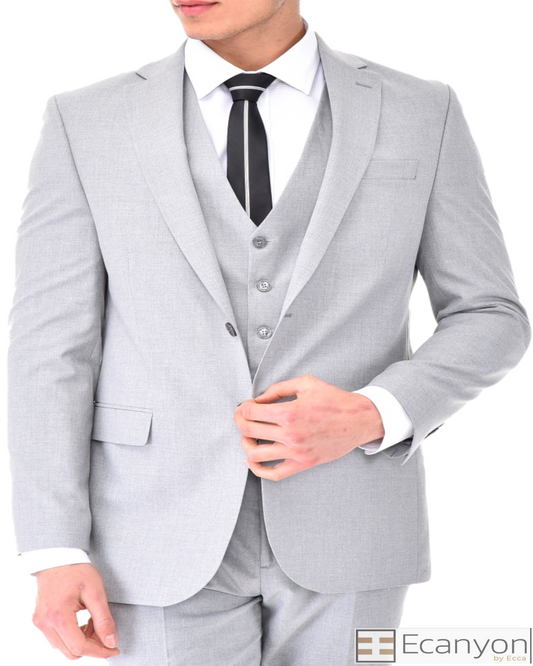 Ice Grey Plain Three Piece Suit, A timeless a plain grey three piece suits that can be styled up for special events or styled down for the office. The matching quality a plain grey waistcoat and trousers are paired with a plain grey suit jacket. You’ll love the patterned lining panels on this suit, especially the one in the jacket’s breast pocket which doubles up as a pocket square. Master Tailored Fit 3 Piece Suit