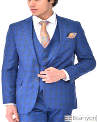 Blue Plaid Three 3 Suit, A timeless a blue plaid design suit that can be styled up for special events or styled down for the office. The matching quality a blue plaid matched design waistcoat and trousers are paired with a blue plaid grey matched design  jacket. You’ll love the patterned lining panels on this suit, especially the one in the jacket’s breast pocket which doubles up as a pocket square.Master Tailored Fit 3 Piece Suit