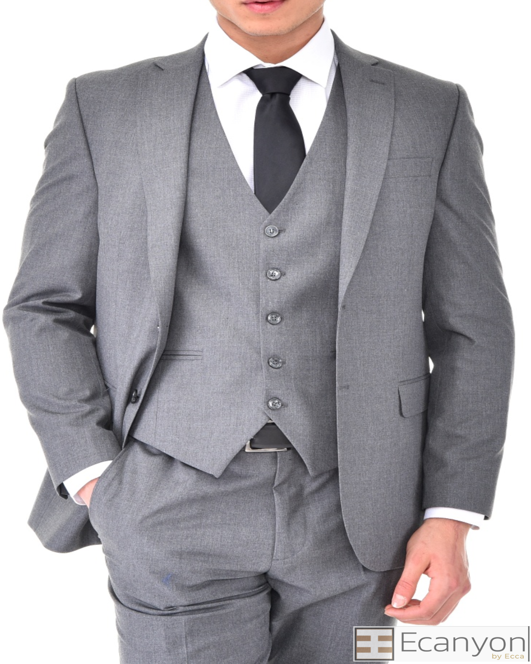 Grey Plain Three Piece Suit, A timeless a plain grey three piece suits that can be styled up for special events or styled down for the office. The matching quality a plain grey waistcoat and trousers are paired with a plain grey suit jacket. You’ll love the patterned lining panels on this suit, especially the one in the jacket’s breast pocket which doubles up as a pocket square. Master Tailored Fit 3 Piece Suit