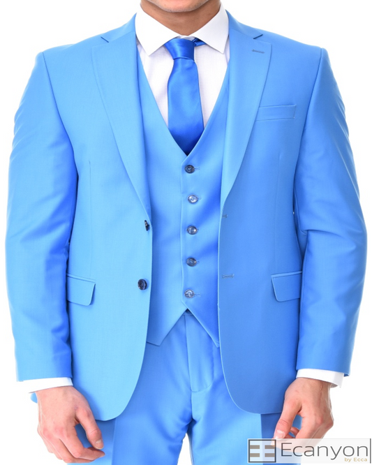 Sky Blue Plain Three Piece Suit, A timeless a plain sky blue three piece suits that can be styled up for special events or styled down for the office. The matching quality a plain sky blue waistcoat and trousers are paired with a plain sky blue suit jacket. You’ll love the patterned lining panels on this suit, especially the one in the jacket’s breast pocket which doubles up as a pocket square.Master Tailored Fit 3 Piece Suit