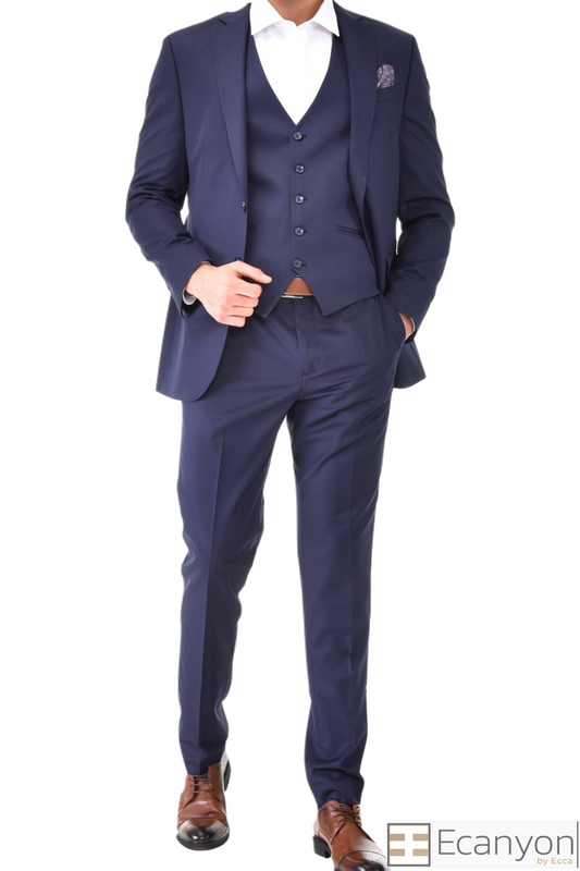 Navy Blue Plain 3 Piece Suit, A timeless a plain navy blue three piece suits that can be styled up for special events or styled down for the office. The matching quality a plain navy blue waistcoat and trousers are paired with a plain navy blue suit jacket. You’ll love the patterned lining panels on this suit, especially the one in the jacket’s breast pocket which doubles up as a pocket square. Master Tailored Fit  3 Piece Suit