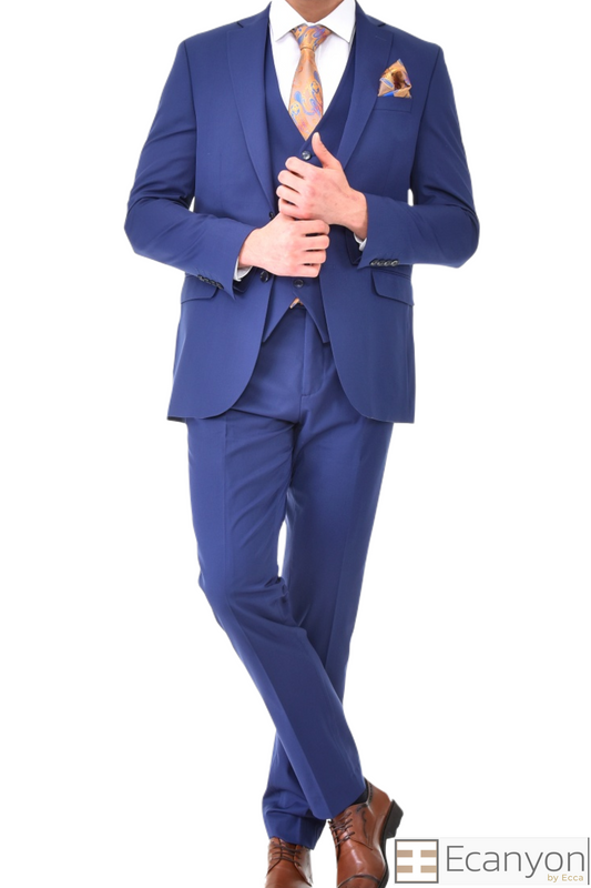 Royal Blue Plain Three Piece Suit, A timeless a plain royal blue three piece suits that can be styled up for special events or styled down for the office. The matching quality a plain royal blue waistcoat and trousers are paired with a plain royal blue suit jacket. You’ll love the patterned lining panels on this suit, especially the one in the jacket’s breast pocket which doubles up as a pocket square. Master Tailored Fit 3 Piece Suit