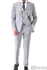 Ice Grey Plain Three Piece Suit, A timeless a plain grey three piece suits that can be styled up for special events or styled down for the office. The matching quality a plain grey waistcoat and trousers are paired with a plain grey suit jacket. You’ll love the patterned lining panels on this suit, especially the one in the jacket’s breast pocket which doubles up as a pocket square. Master Tailored Fit 3 Piece Suit