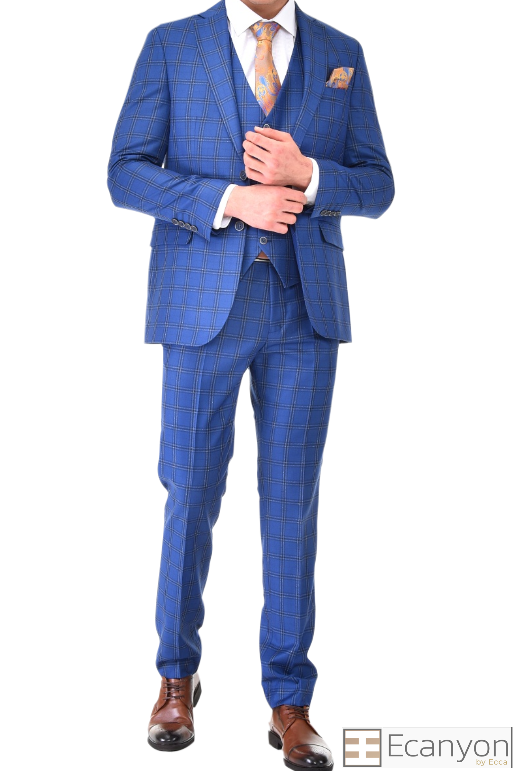 Blue Plaid Three 3 Suit, A timeless a blue plaid design suit that can be styled up for special events or styled down for the office. The matching quality a blue plaid matched design waistcoat and trousers are paired with a blue plaid grey matched design jacket. You’ll love the patterned lining panels on this suit, especially the one in the jacket’s breast pocket which doubles up as a pocket square.Master Tailored Fit 3 Piece Suit
