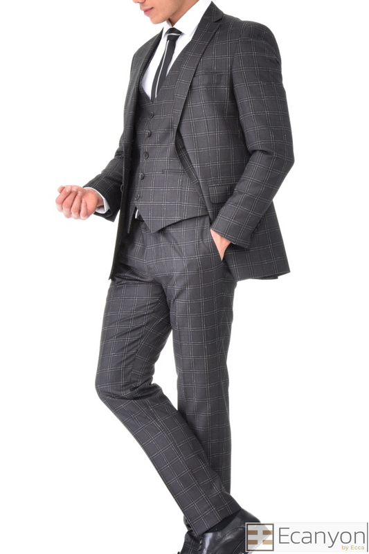 Black Plaid Grey Three Piece Suit, A timeless a black matched design suit that can be styled up for special events or styled down for the office. The matching quality a black plaid grey matched design waistcoat and trousers are paired with a black plaid grey matched design  jacket. You’ll love the patterned lining panels on this suit, especially the one in the jacket’s breast pocket which doubles up as a pocket square. Master Tailor fit Suits