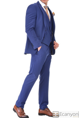 Royal Blue Plain Three Piece Suit, A timeless a plain royal blue three piece suits that can be styled up for special events or styled down for the office. The matching quality a plain royal blue waistcoat and trousers are paired with a plain royal blue suit jacket. You’ll love the patterned lining panels on this suit, especially the one in the jacket’s breast pocket which doubles up as a pocket square. Master Tailored Fit 3 Piece Suit