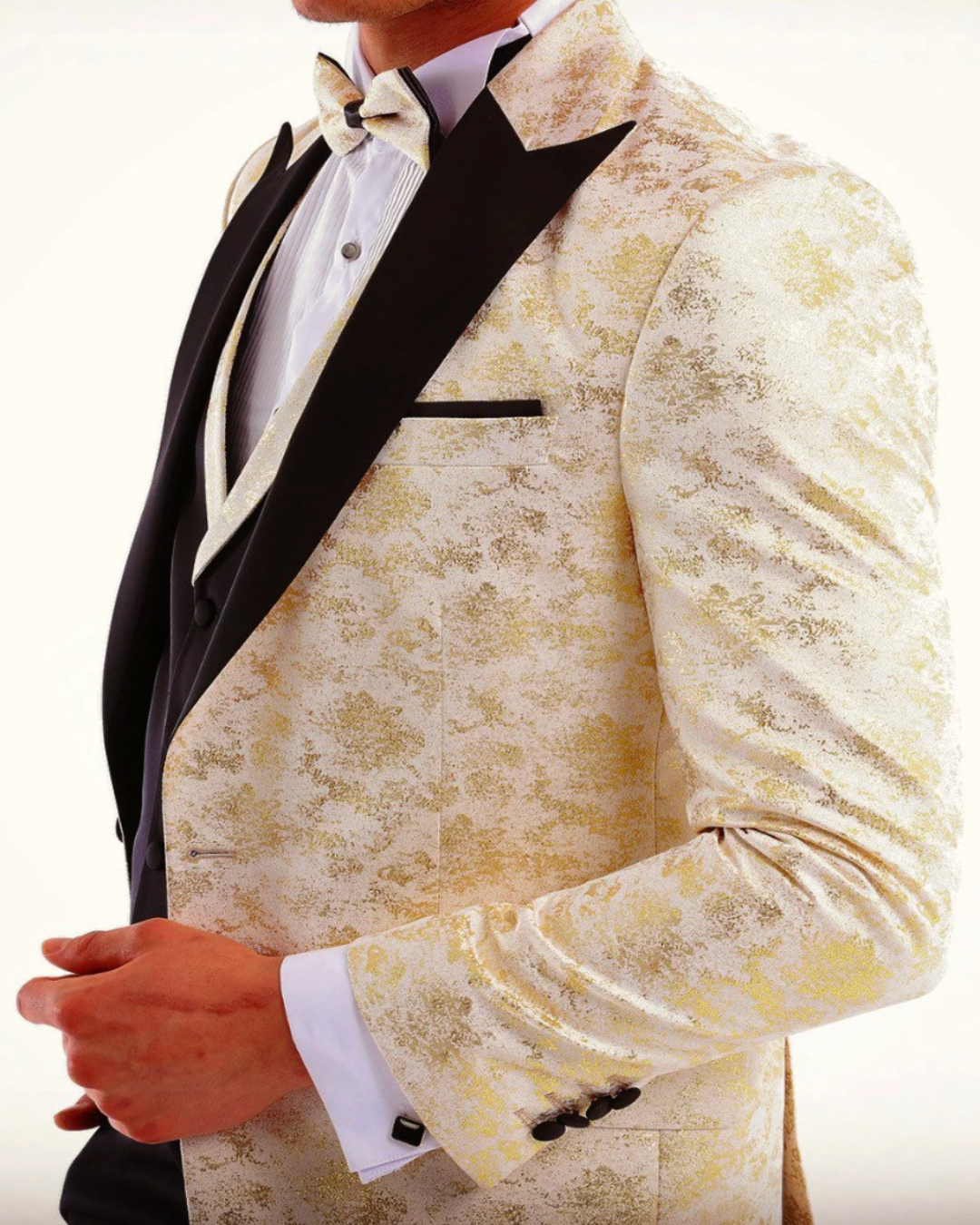 GOLDEN EYE - Golden & Black Satin Jacquard Four Piece Dinner & Wedding Suit