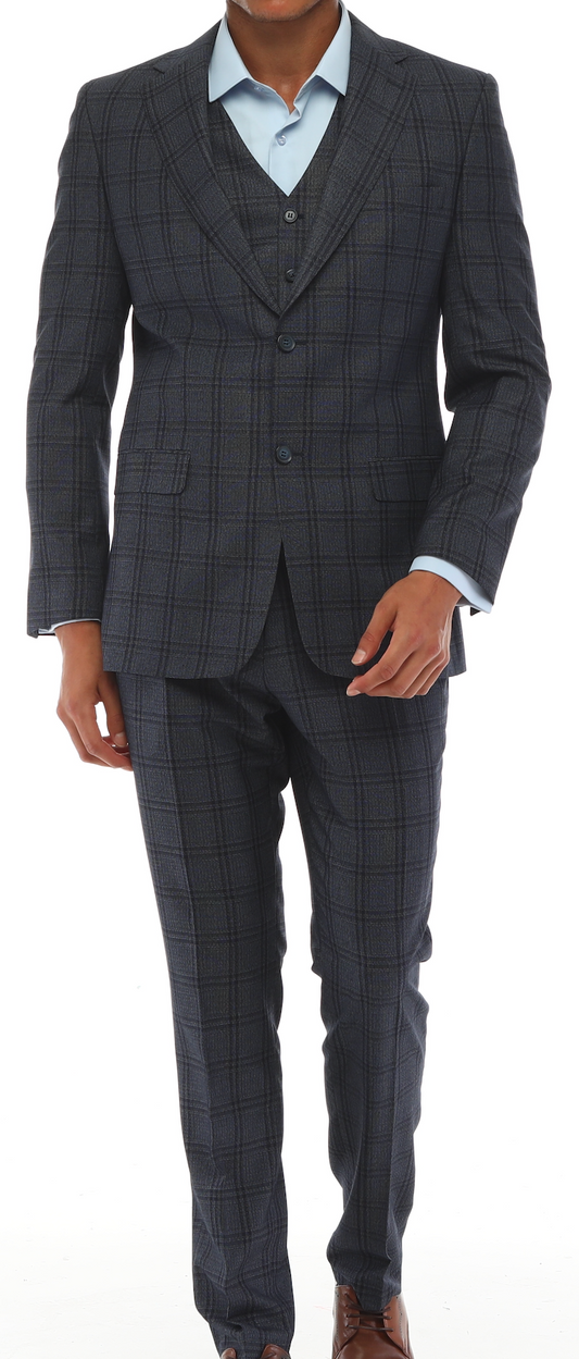 ISAAC SAVCI - Blue &amp; Charcoal Match Suit - Dreiteiliger Anzug